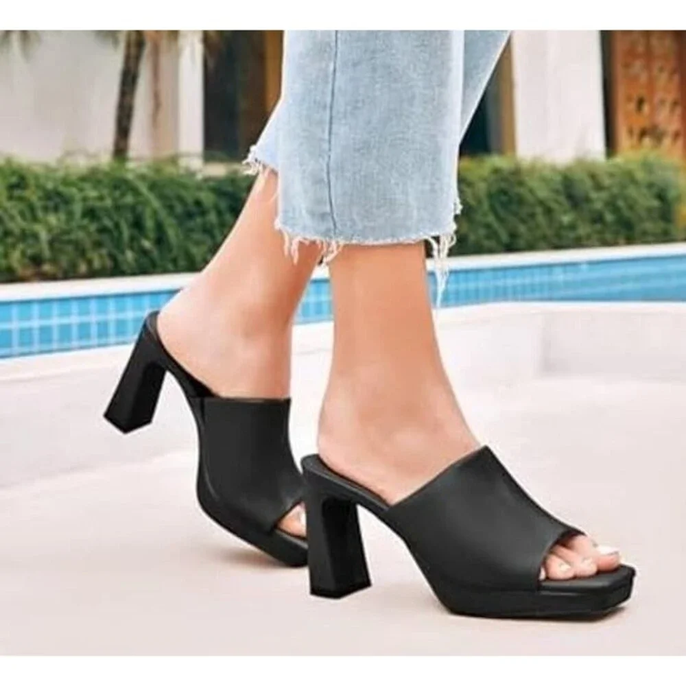 Trish Lucia Women's Platform Chunky Heels Mules Square Open Toe black Size9M